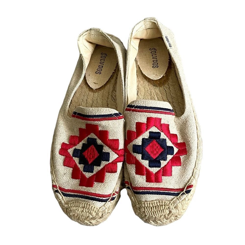 SOLUDOS Cream Embroidered Espadrilles Smoking Slippers Loafers Size 8